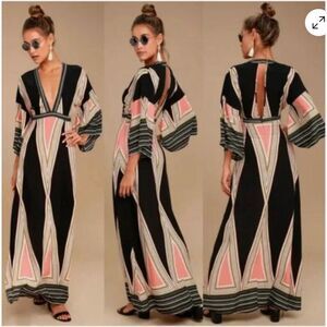 Lulus Montecito Maxi Dress Kimono Sleeves Metro Deep V front & back Hostess Sz M